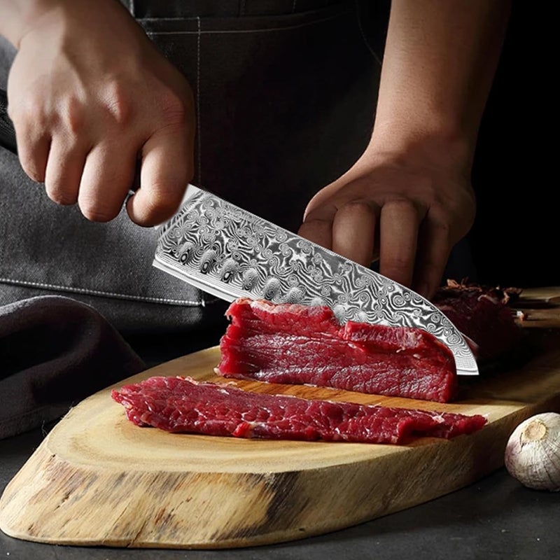 MOSFiATA Chef Knife,Kitchen Knife Santoku Chef's Knife 7 inch Multifunction Kitchen Knives Damascus Steel VG-10 Blade,Knife Sharpener Rod Gift Box - Image 3